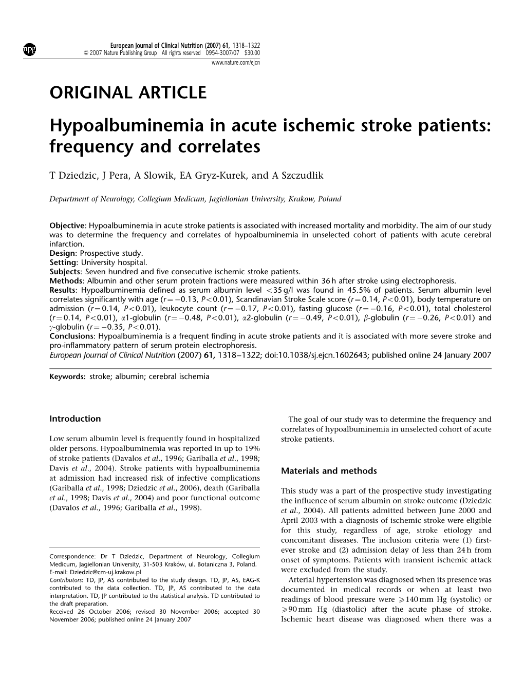 Hypoalbuminemia in Acute Ischemic Stroke Patients: Frequency and Correlates