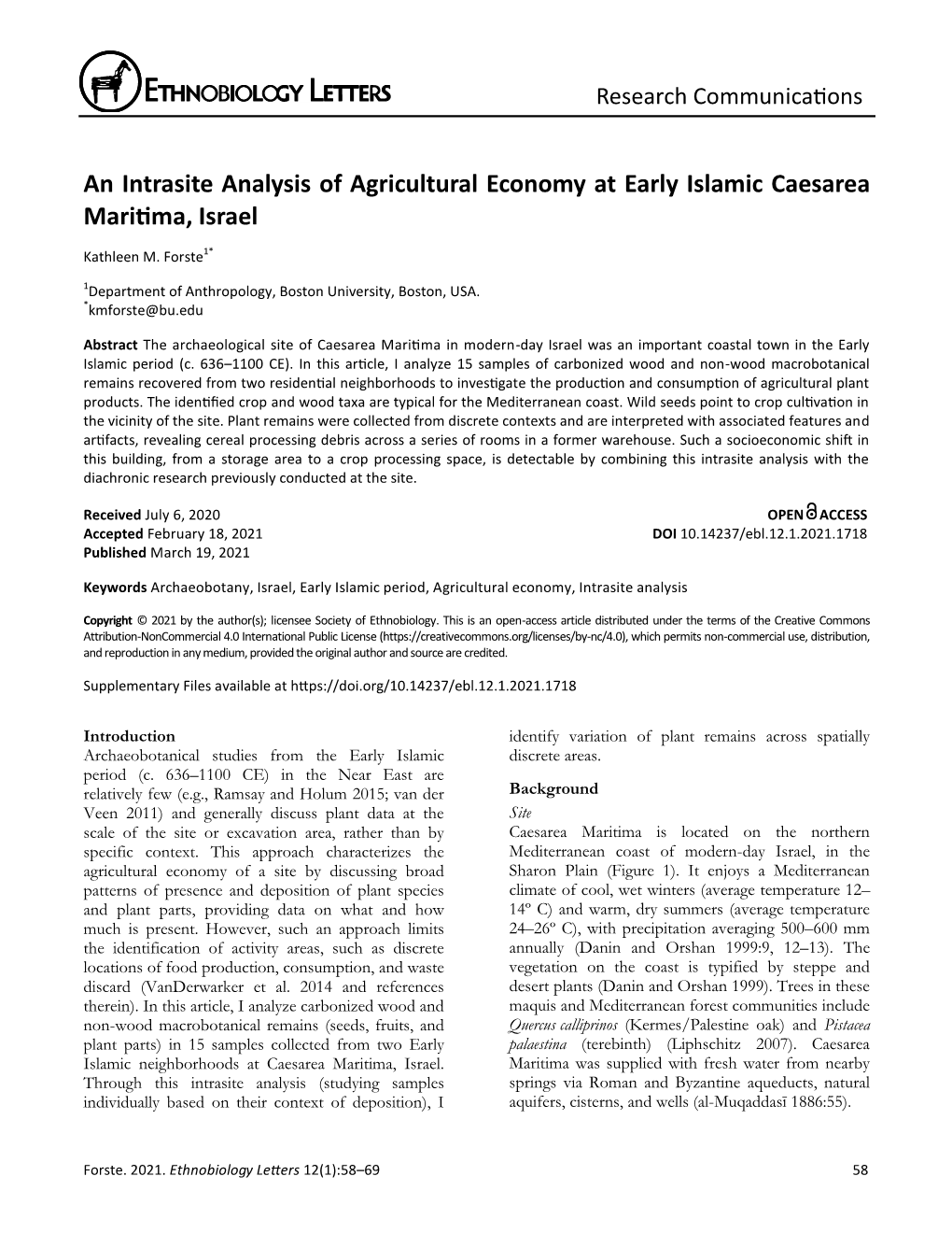 An Intrasite Analysis of Agricultural Economy at Early Islamic Caesarea Maritima, Israel
