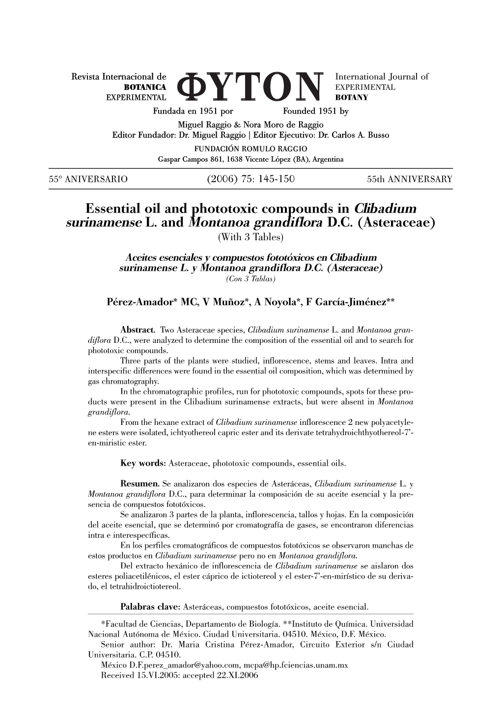 Essential Oil and Phototoxic Compounds in Clibadium Surinamense L