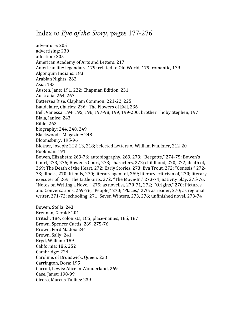 Index to Eye of the Story, Pages 177-276