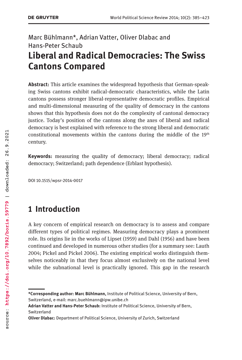 Liberal and Radical Democracies: the Swiss Cantons Compared 387