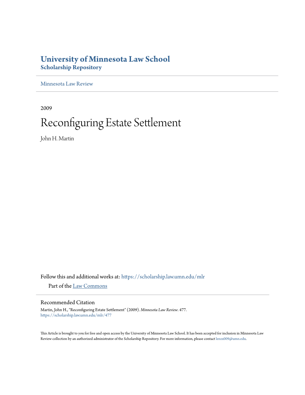 Reconfiguring Estate Settlement John H