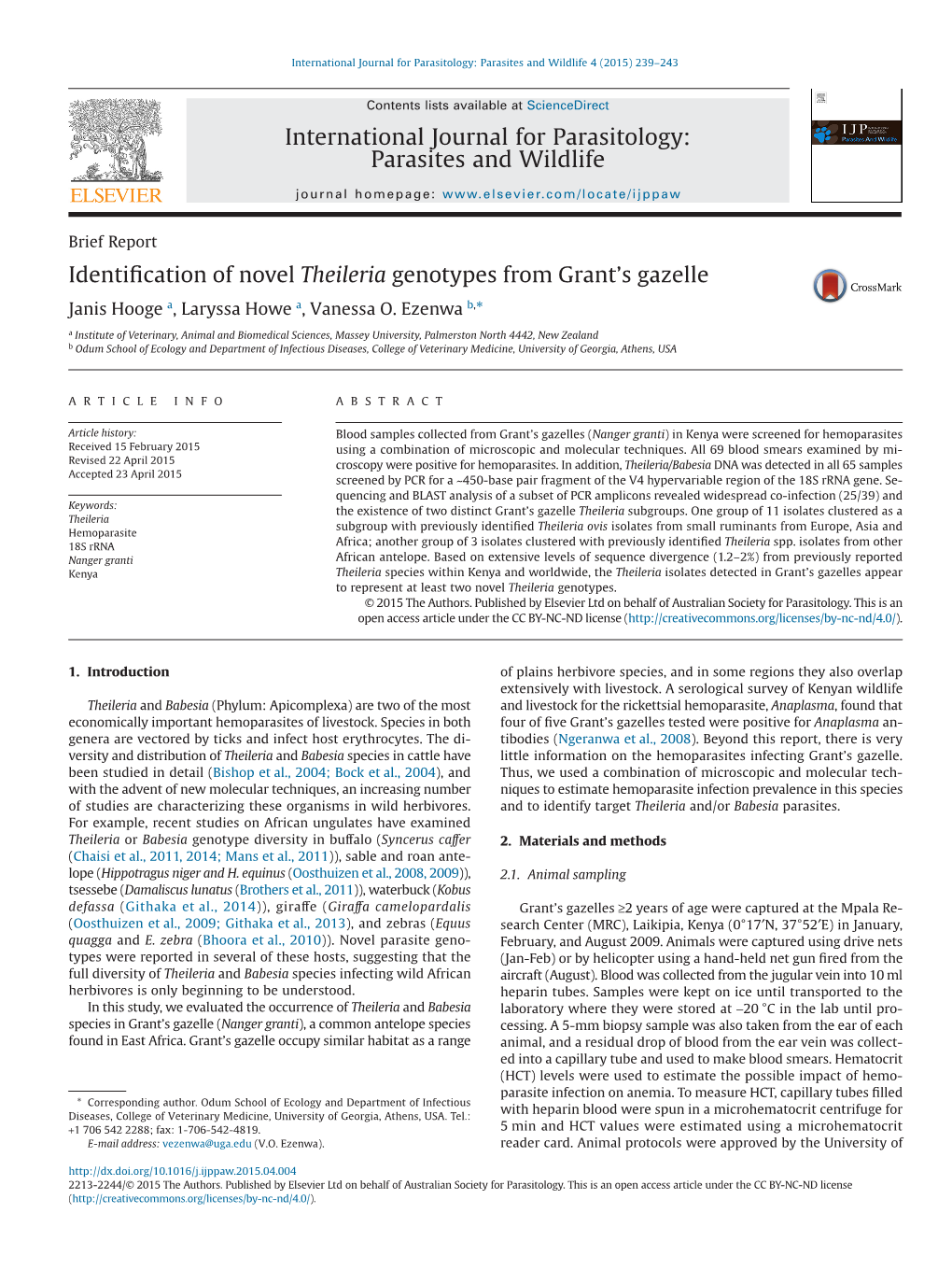 Identification of Novel Theileria Genotypes from Grant's Gazelle