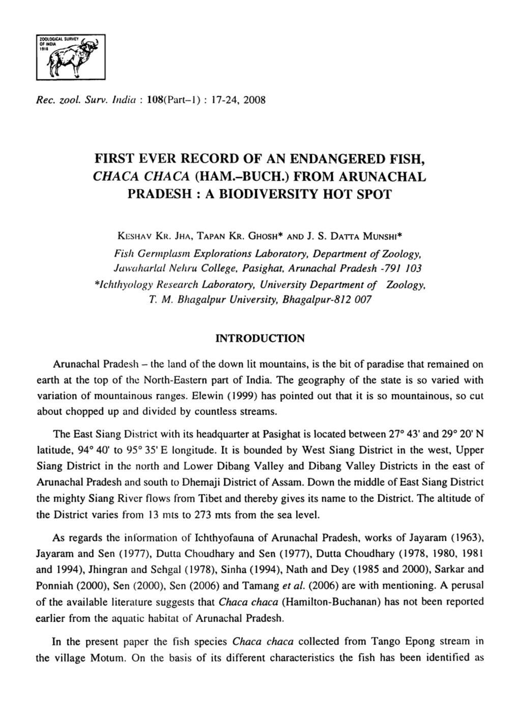 First Ever Record of an Endangered Fish, Chaca Chaca (Ham.-Buch.) from Arunachal Pradesh: a Biodiversity Hot Spot