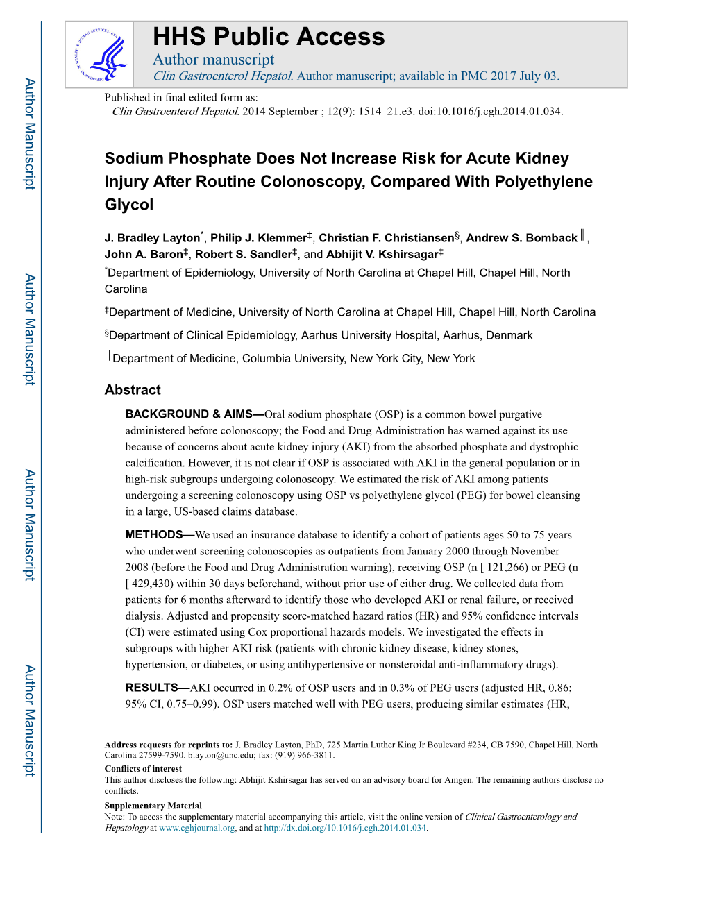 Sodium Phosphate Does Not Increase Risk for Acute Kidney Injury After Routine Colonoscopy, Compared with Polyethylene Glycol