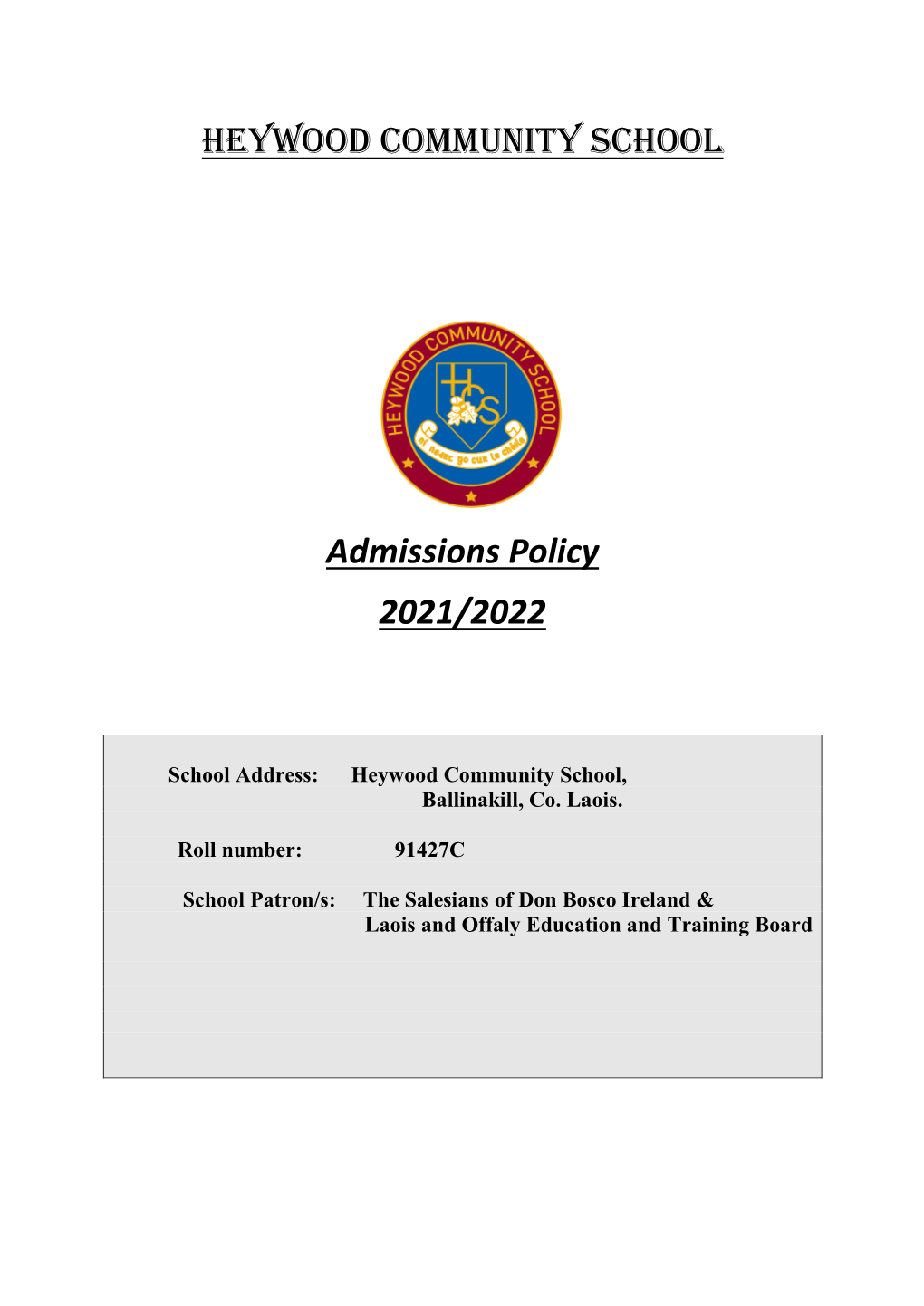 Heywood Community School Admissions Policy 2021/2022