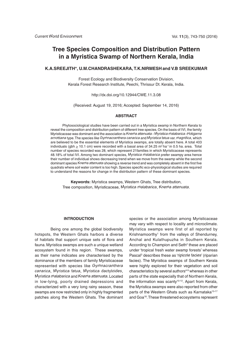 Tree Species Composition and Distribution Pattern in a Myristica Swamp of Northern Kerala, India