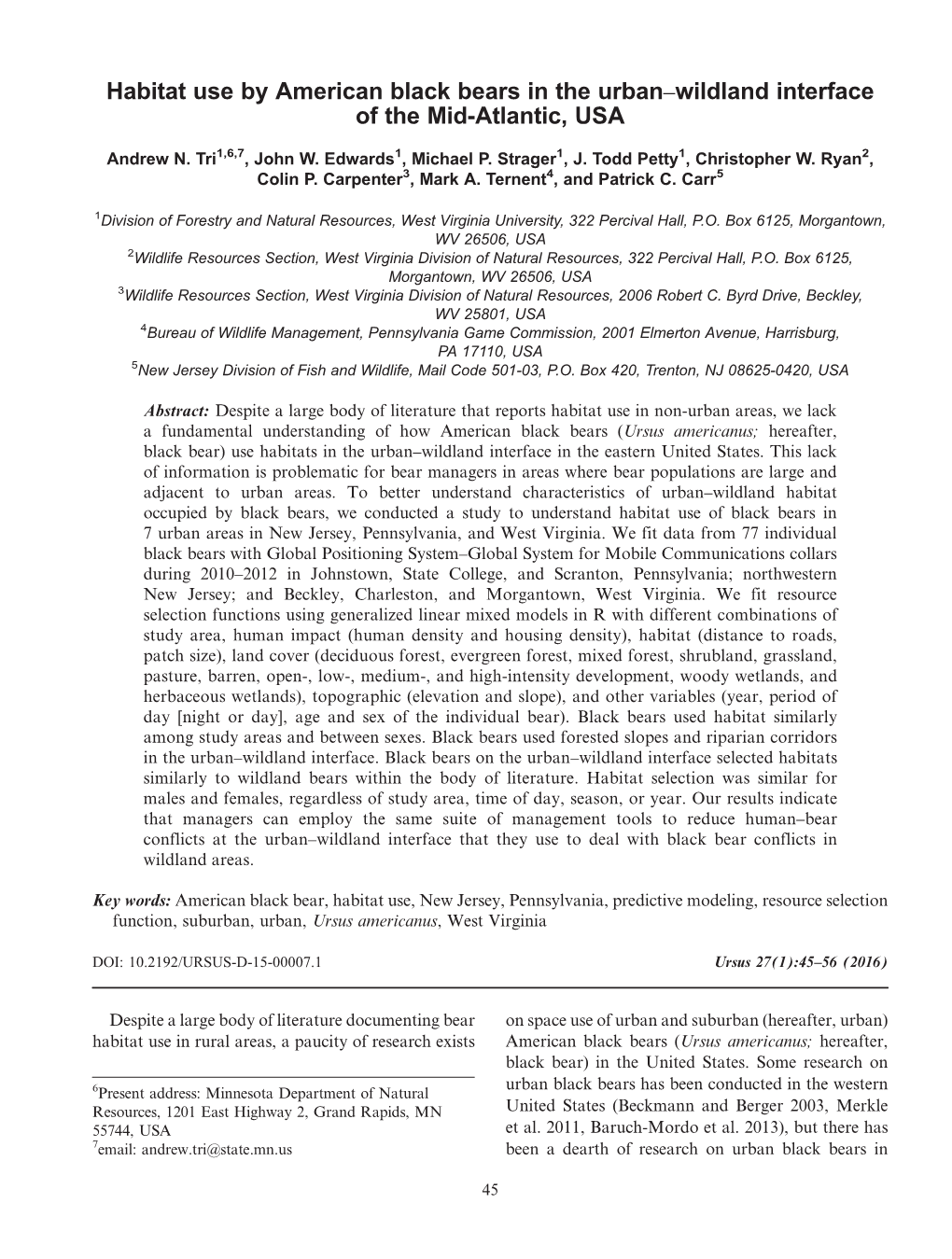 Habitat Use by American Black Bears in the Urban–Wildland Interface of the Mid-Atlantic, USA