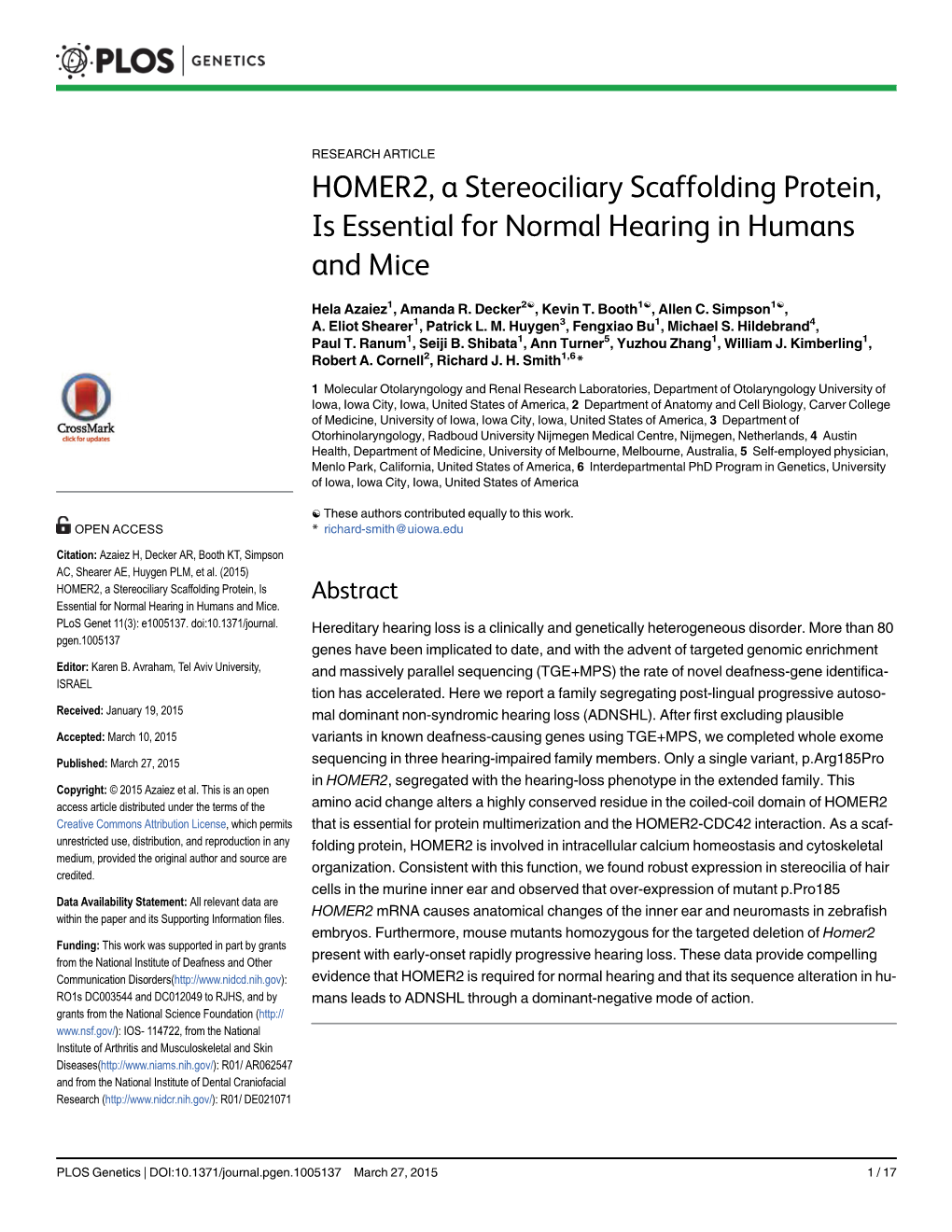 HOMER2, a Stereociliary Scaffolding Protein, Is Essential for Normal Hearing in Humans and Mice