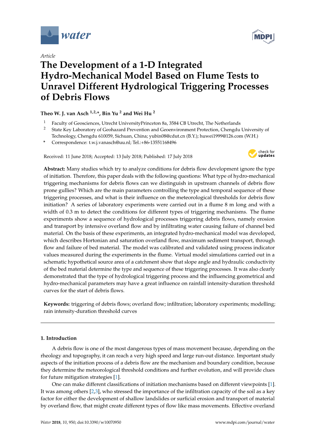 The Development of a 1-D Integrated Hydro-Mechanical Model Based on Flume Tests to Unravel Different Hydrological Triggering Processes of Debris Flows