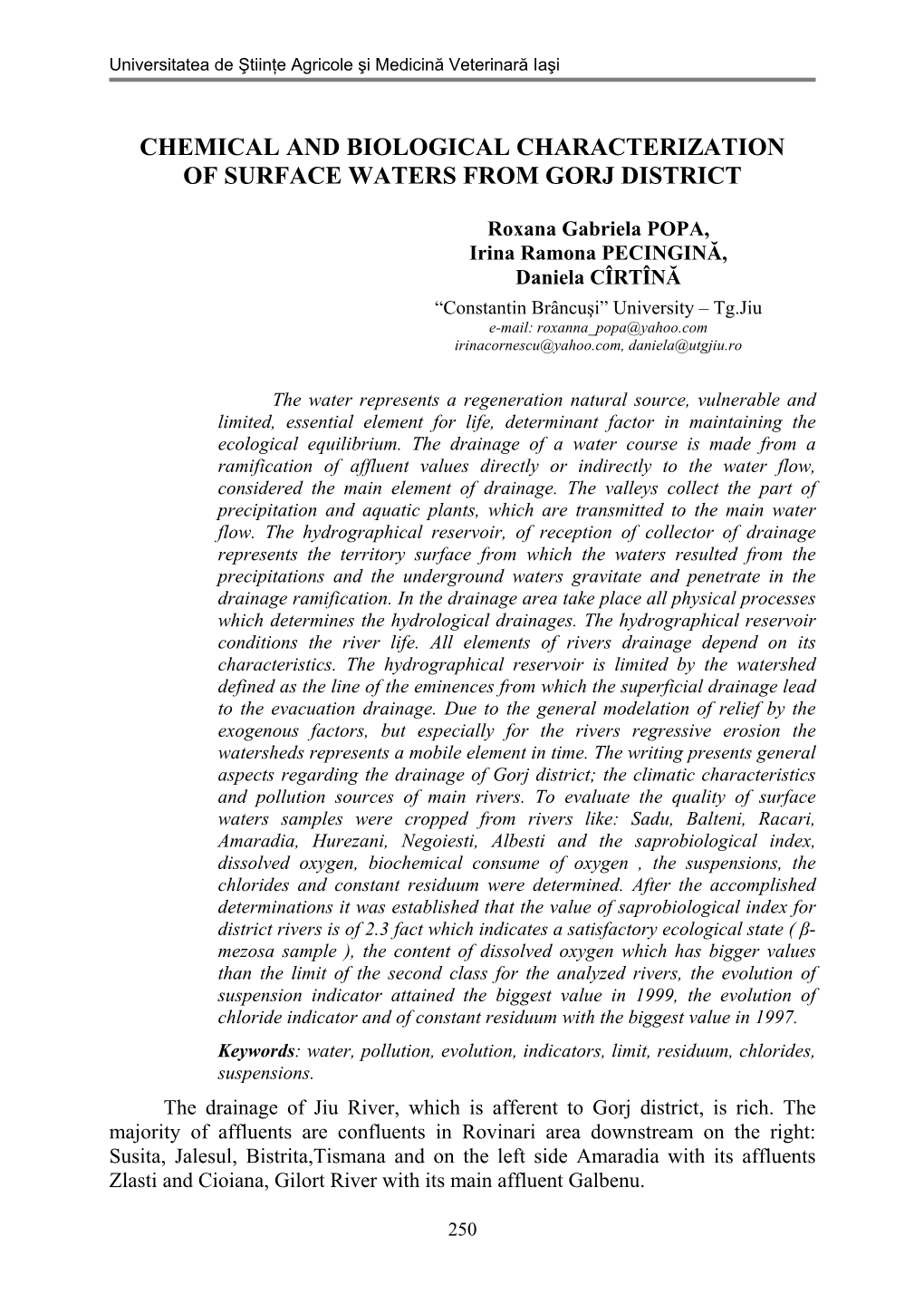 Chemical and Biological Characterization of Surface Waters from Gorj District