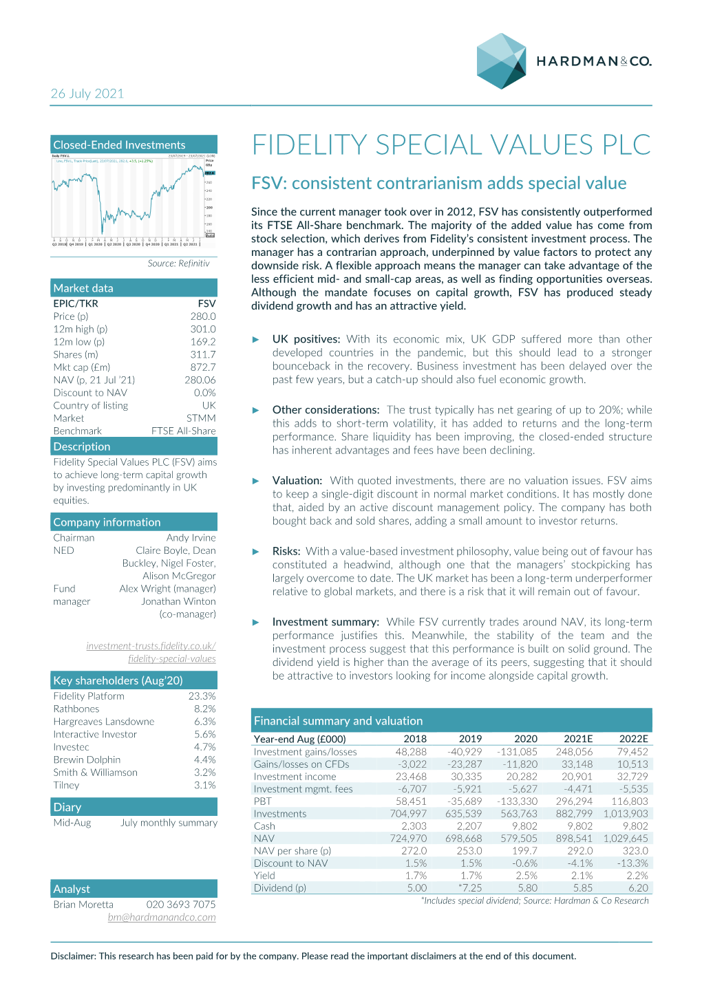 FIDELITY SPECIAL VALUES PLC Line, FSV.L, Trade Price(Last), 23/07/2021, 282.6, +3.5, (+1.25%) Price Gbp