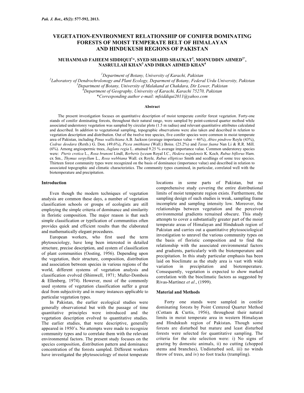 Vegetation-Environment Relationship of Conifer Dominating Forests of Moist Temperate Belt of Himalayan and Hindukush Regions of Pakistan