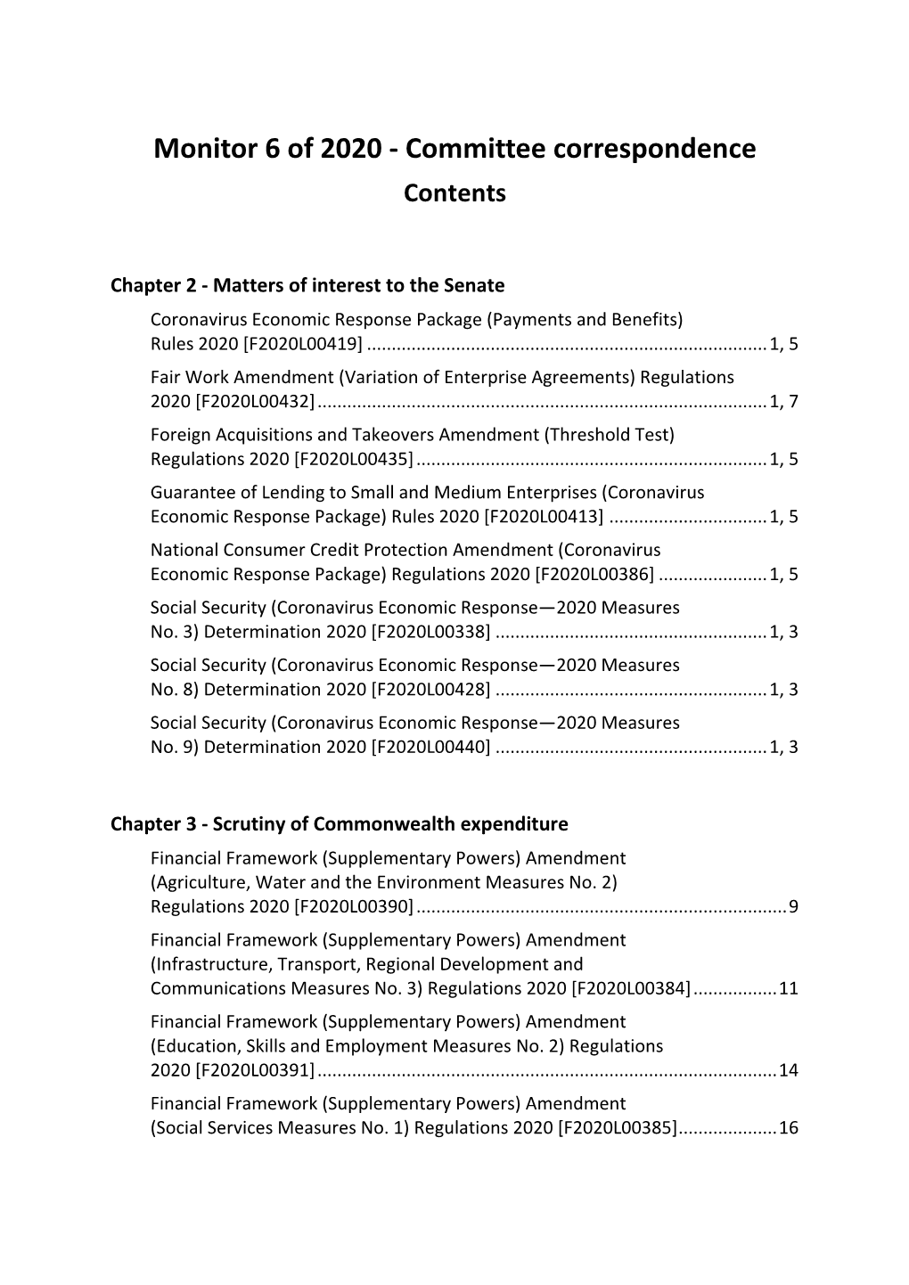 Committee Correspondence Contents