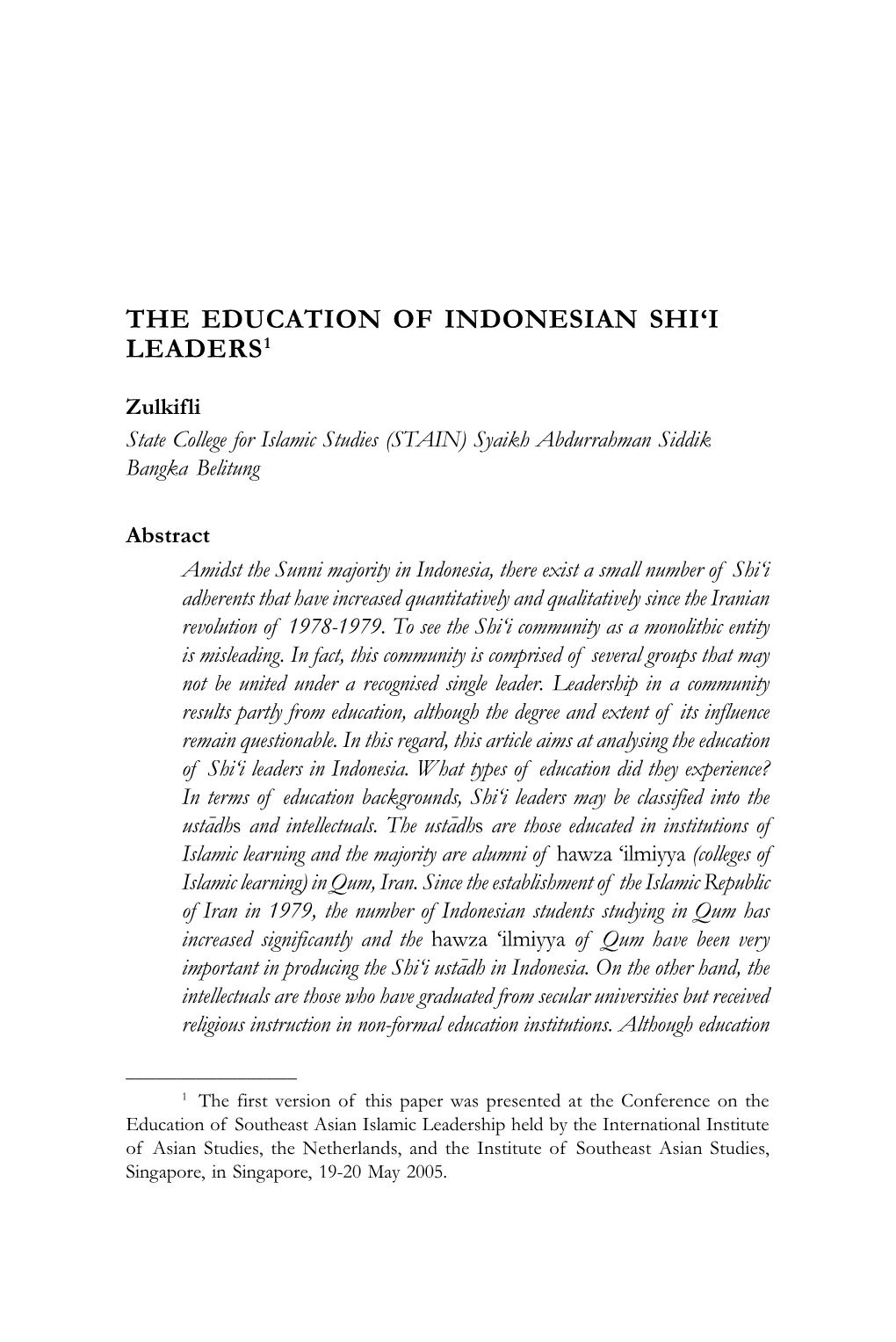 The Education of Indonesian Shi'i Leaders1