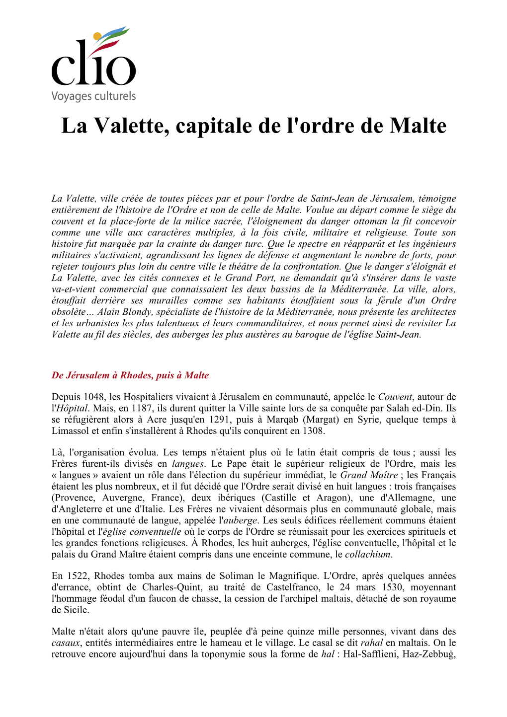 La Valette, Capitale De L'ordre De Malte