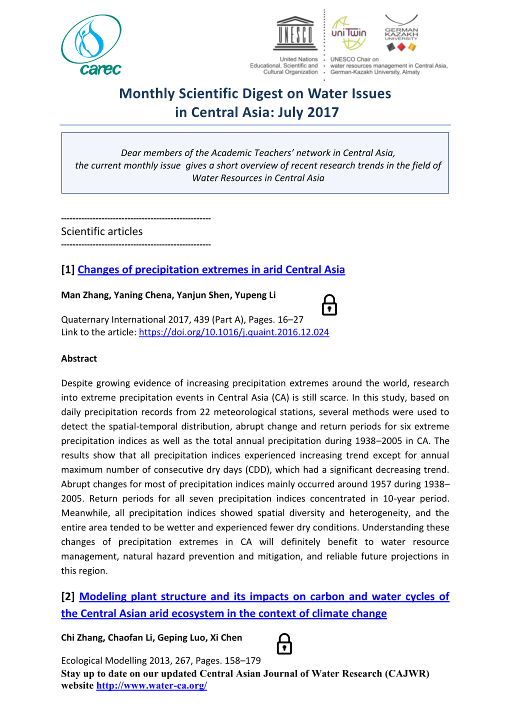 Monthly Scientific Digest on Water Issues in Central Asia: July 2017