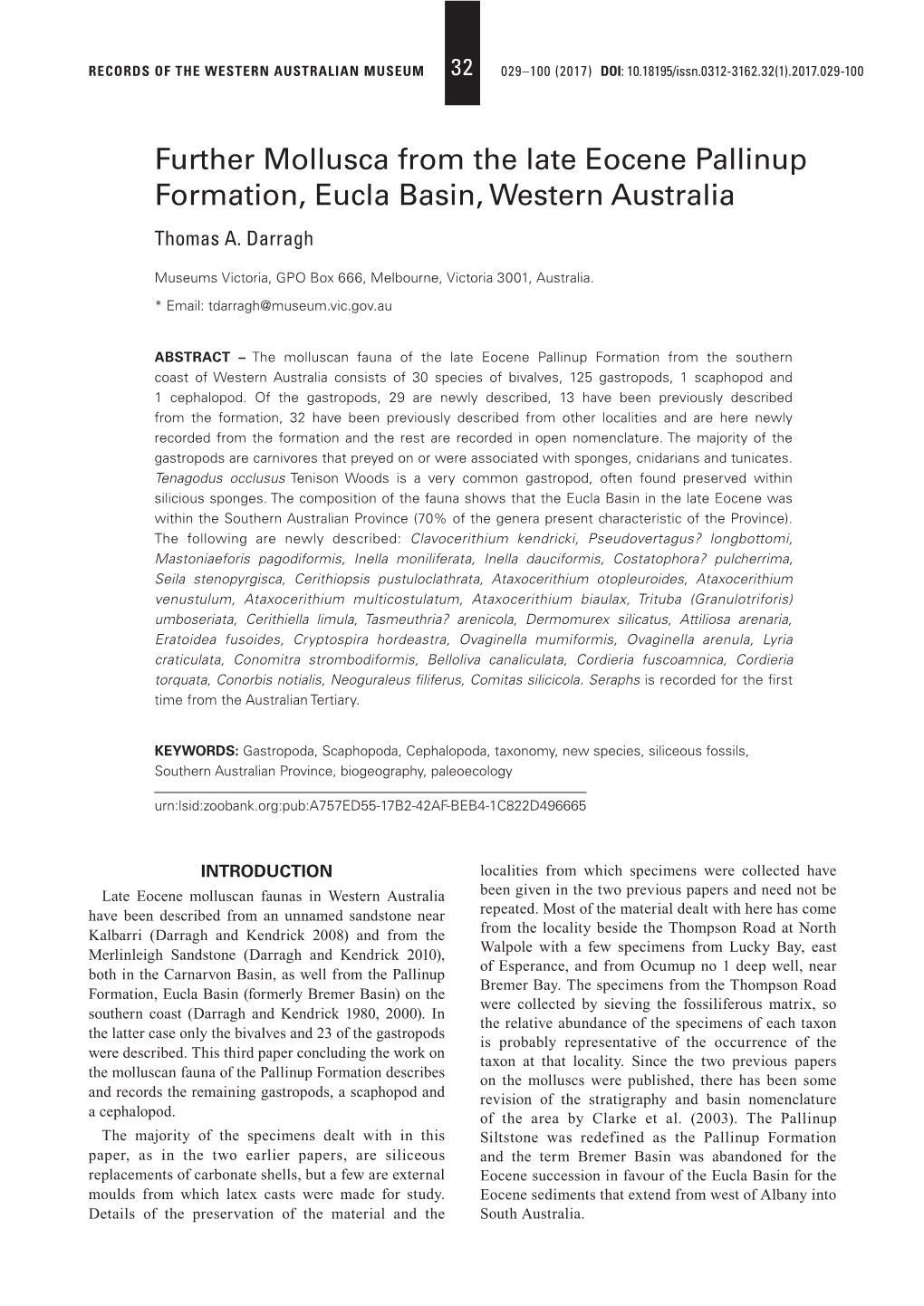 Further Mollusca from the Late Eocene Pallinup Formation, Eucla Basin, Western Australia Thomas A