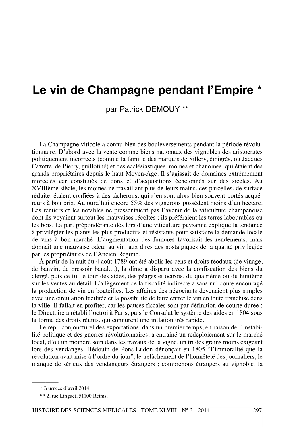 Le Vin De Champagne Pendant L'empire *