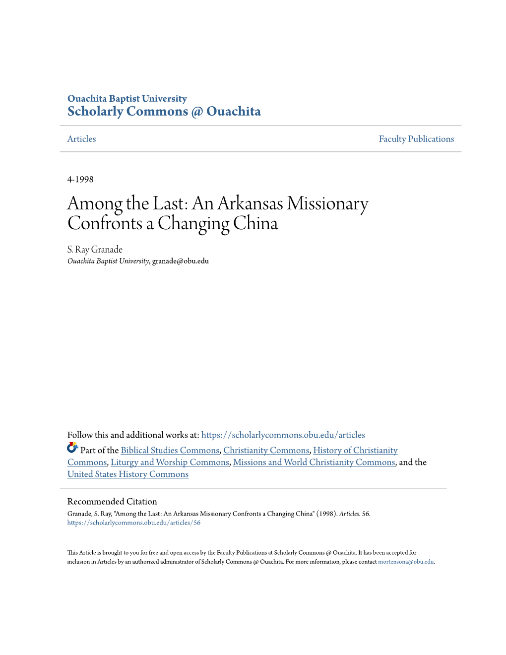 Among the Last: an Arkansas Missionary Confronts a Changing China S