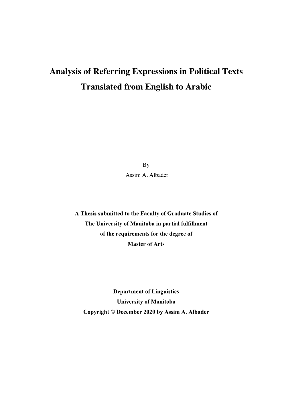 Analysis of Referring Expressions in Political Texts Translated from English to Arabic