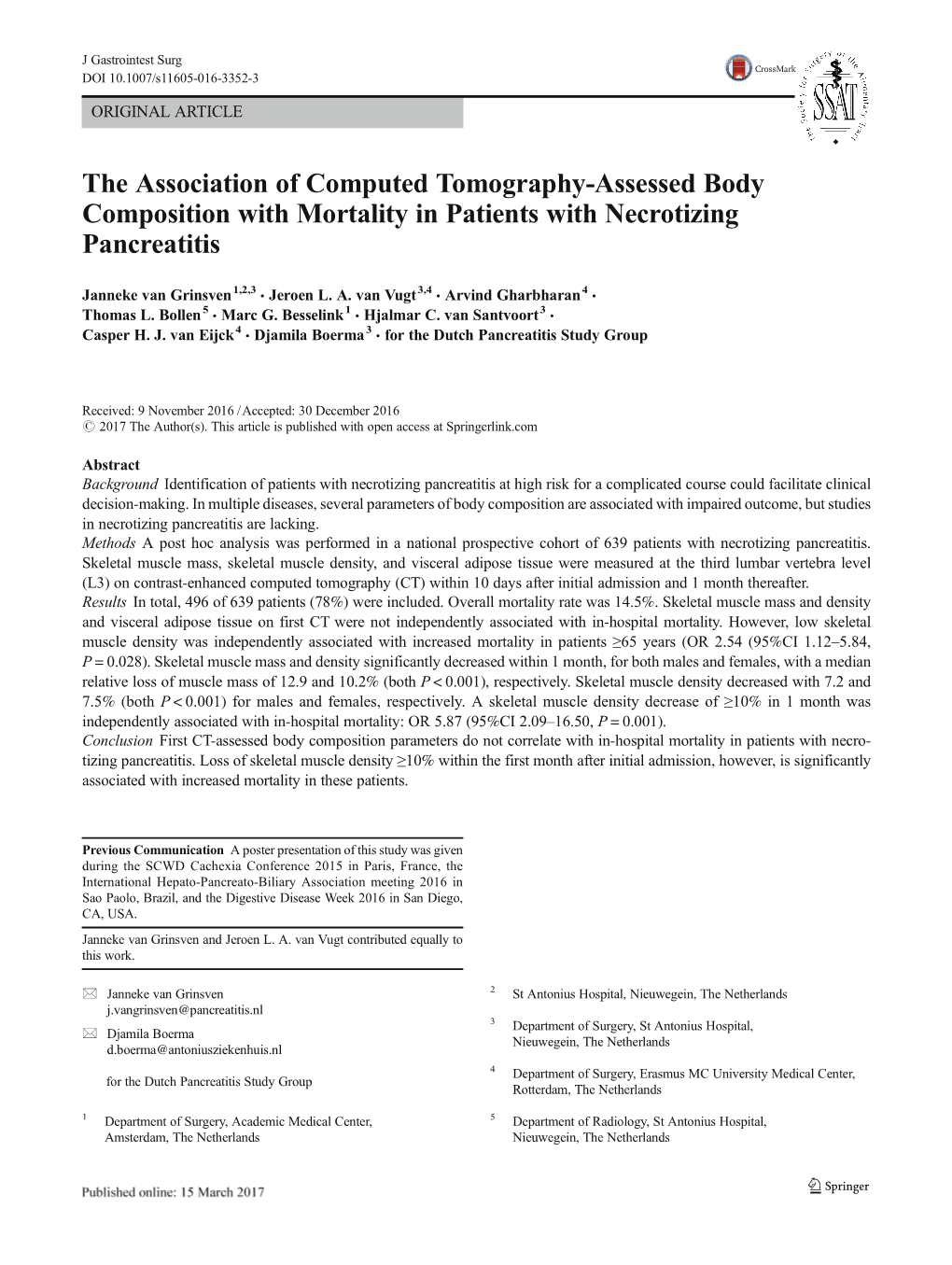 The Association of Computed Tomography-Assessed Body Composition with Mortality in Patients with Necrotizing Pancreatitis