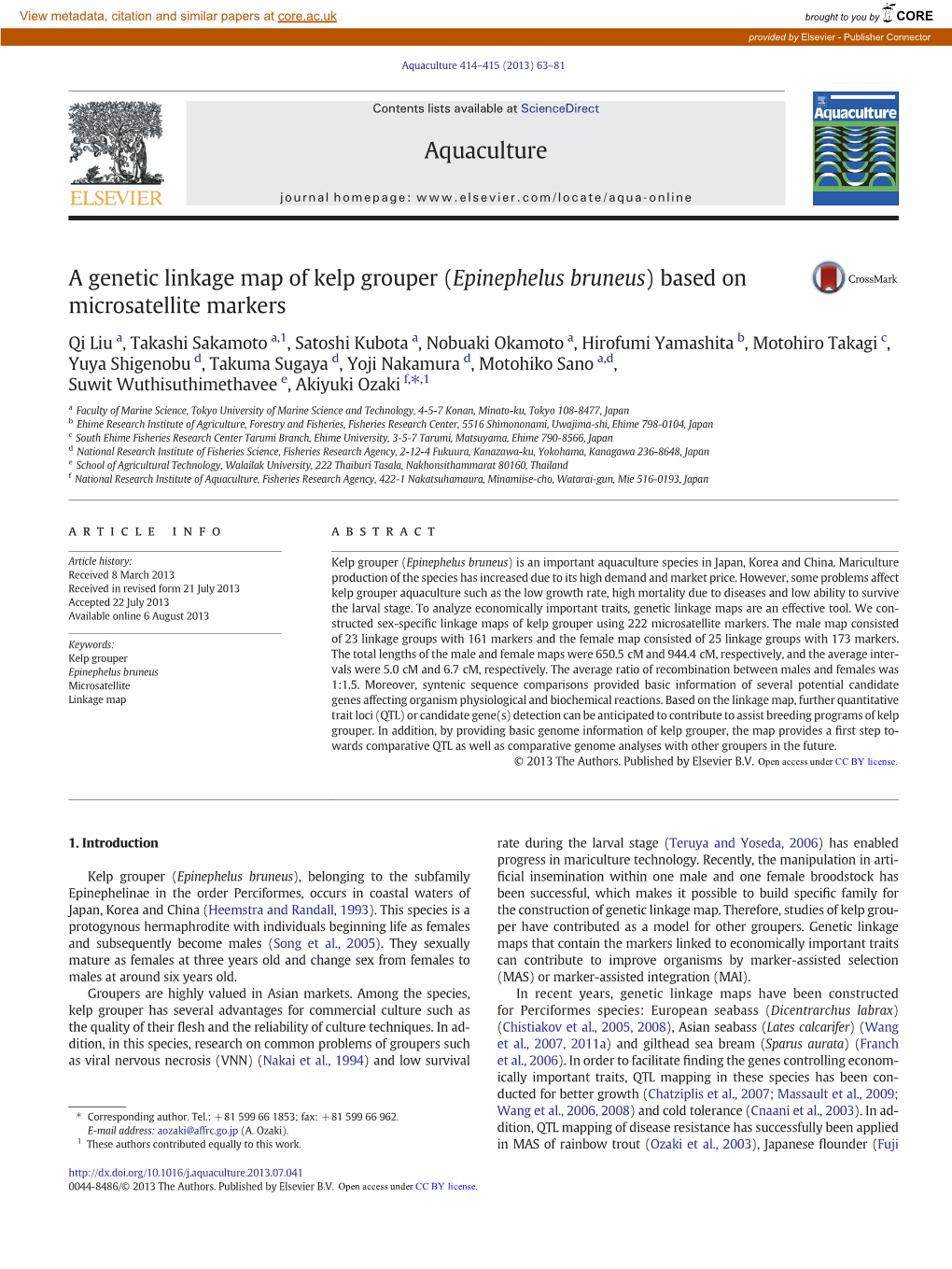 A Genetic Linkage Map of Kelp Grouper (Epinephelus Bruneus)Basedon Microsatellite Markers