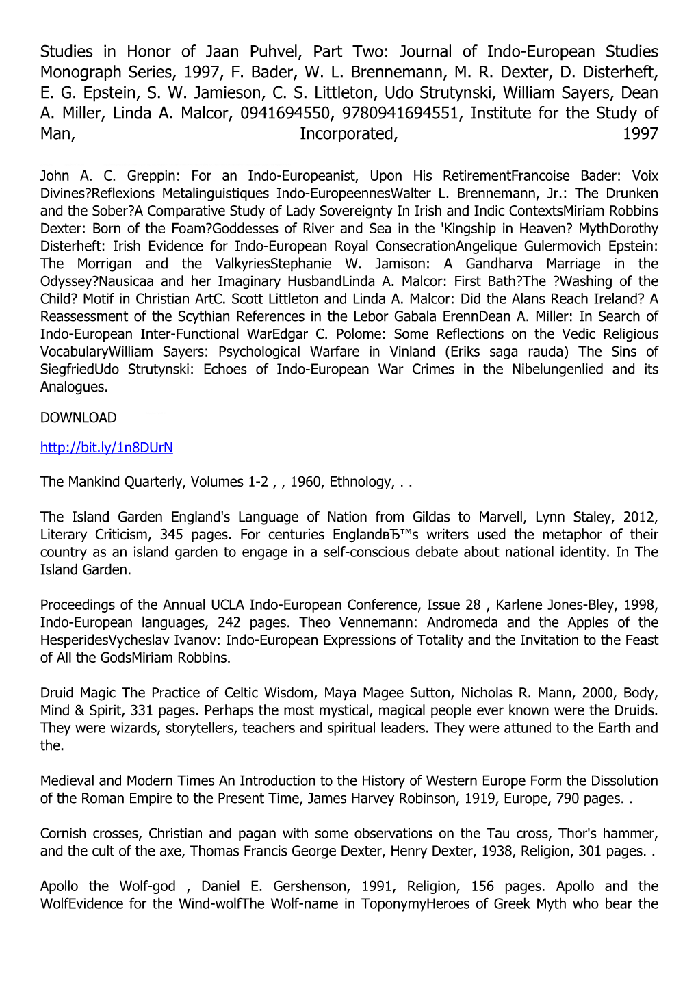 Studies in Honor of Jaan Puhvel, Part Two: Journal of Indo-European Studies Monograph Series, 1997, F