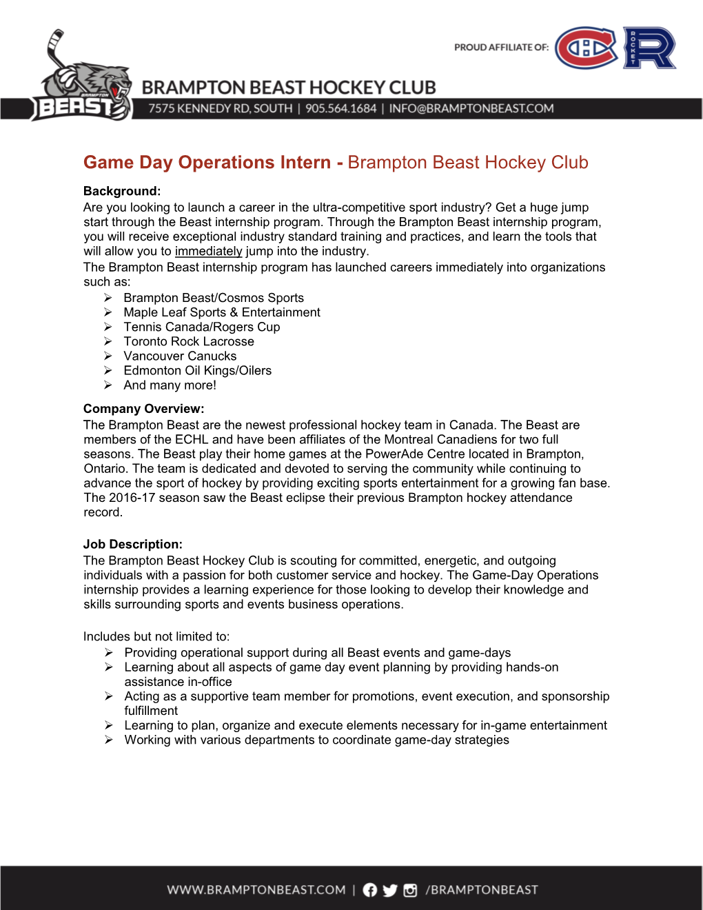 Game Day Operations Intern - Brampton Beast Hockey Club