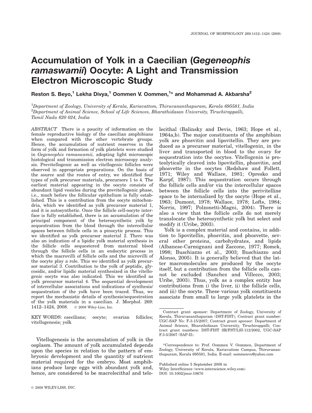 (Gegeneophis Ramaswamii) Oocyte: a Light and Transmission Electron Microscopic Study