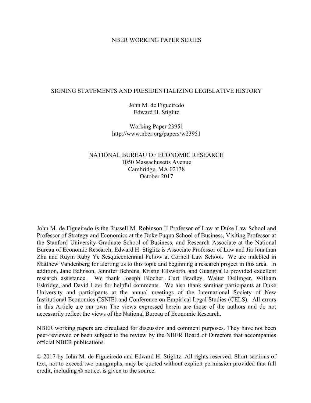 Nber Working Paper Series Signing Statements And