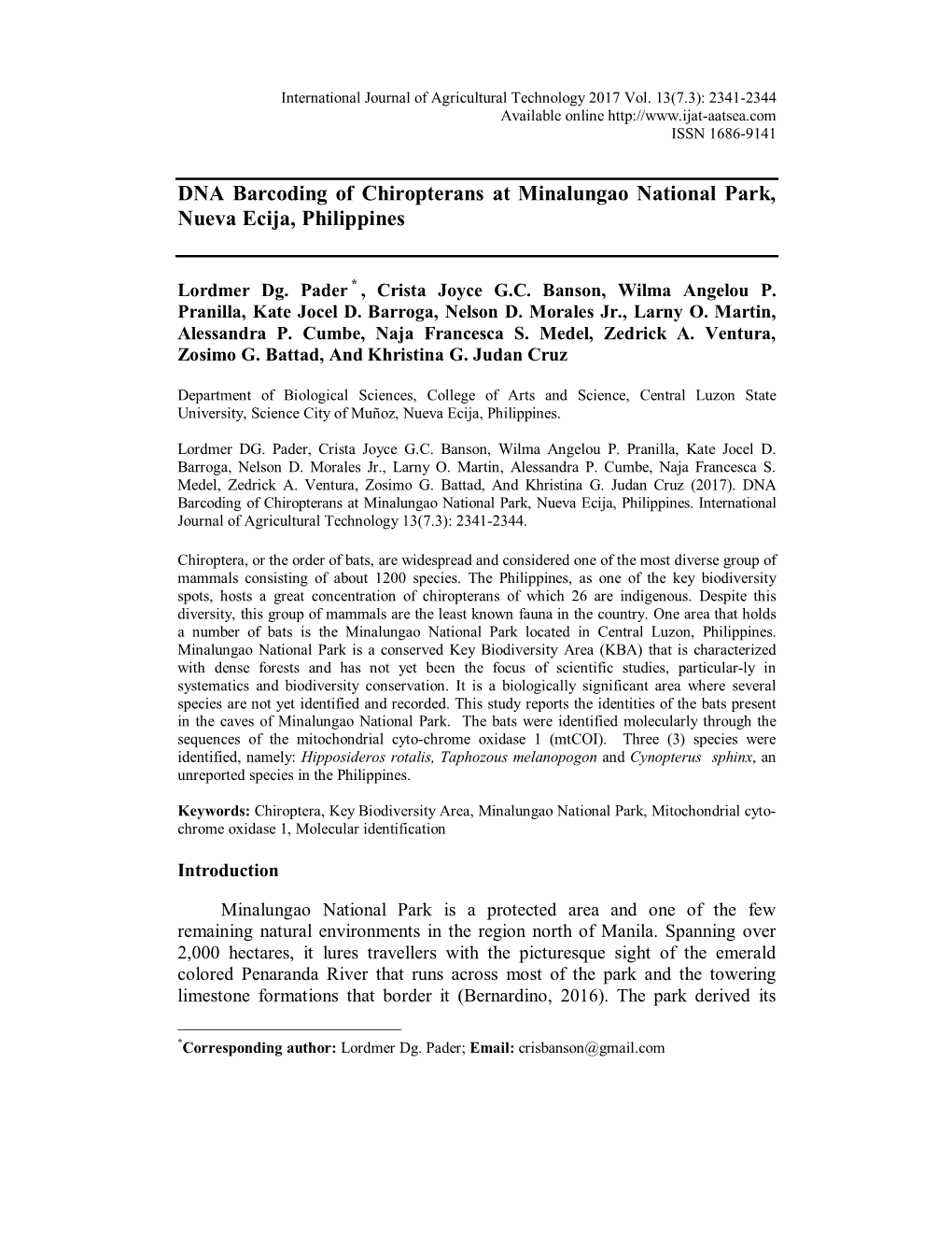 DNA Barcoding of Chiropterans at Minalungao National Park, Nueva Ecija, Philippines