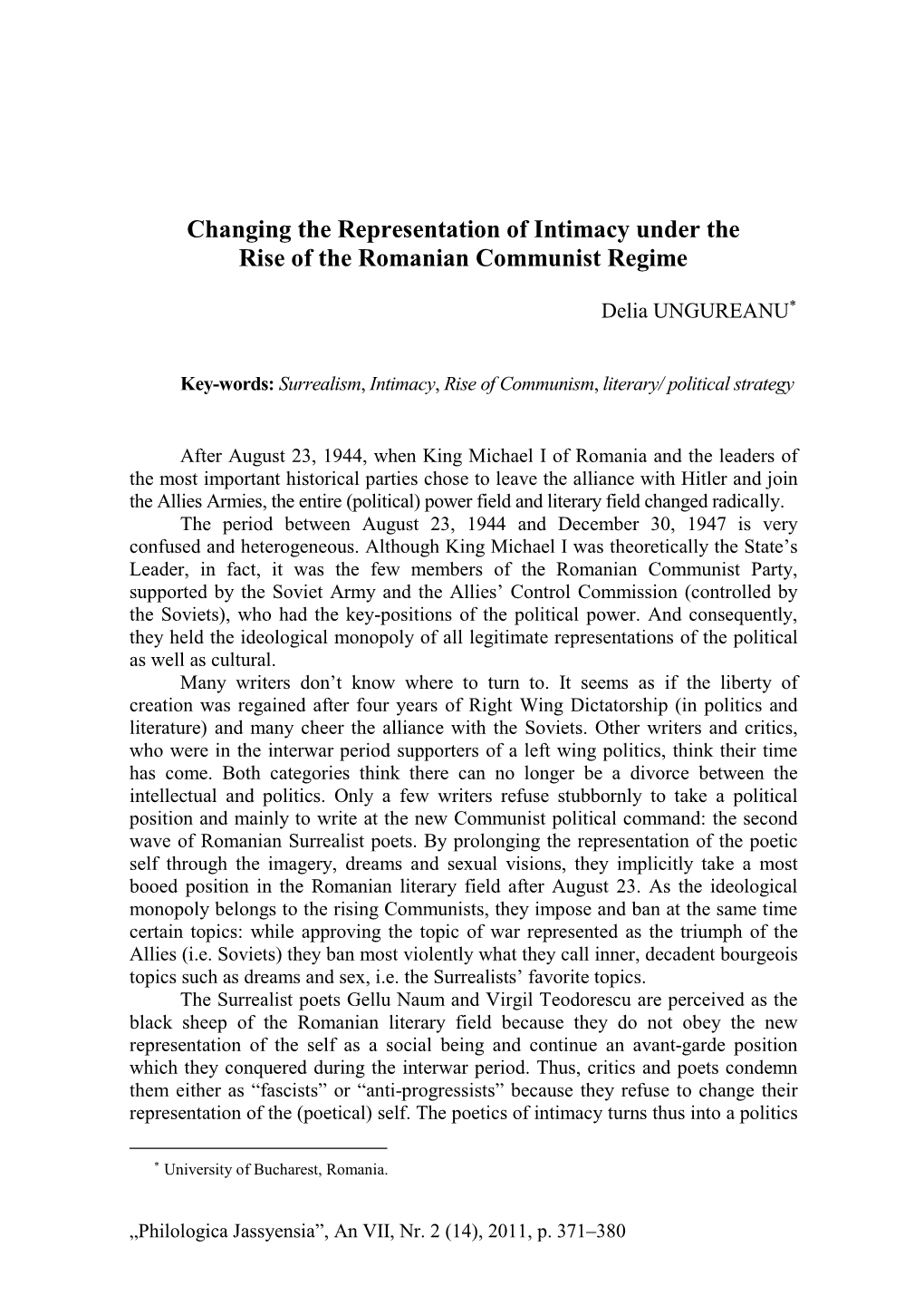 Changing the Representation of Intimacy Under the Rise of the Romanian Communist Regime