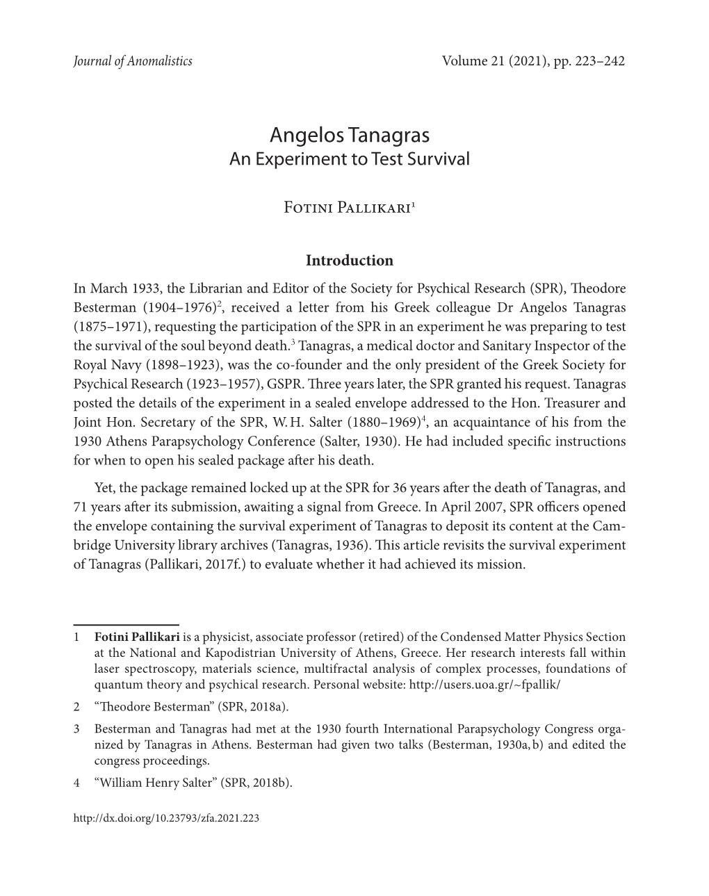 Angelos Tanagras an Experiment to Test Survival