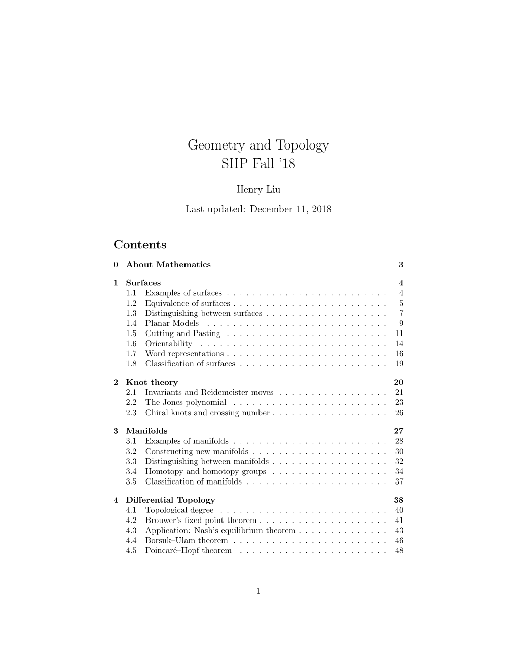 Geometry and Topology SHP Fall ’18