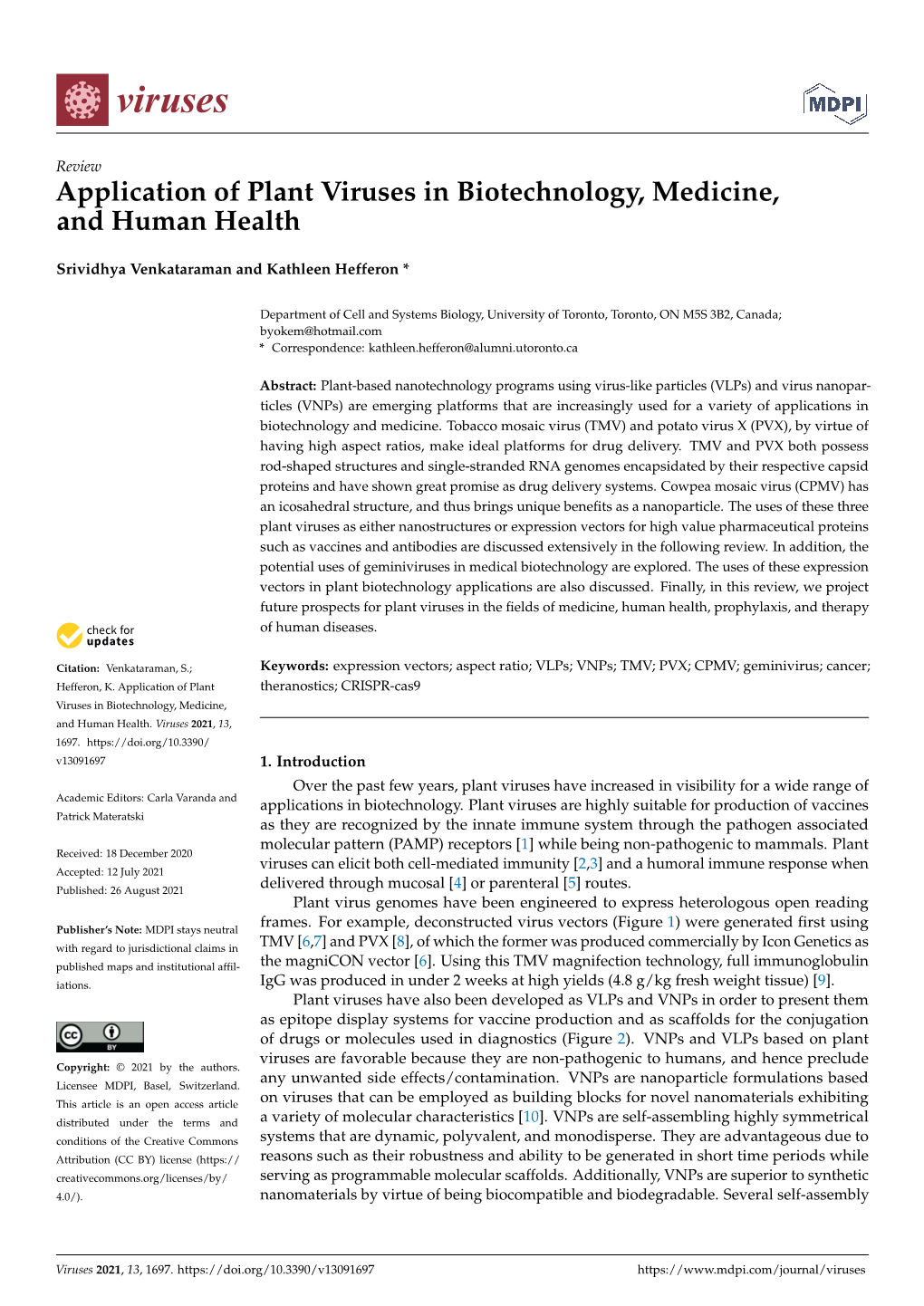 Application of Plant Viruses in Biotechnology, Medicine, and Human Health