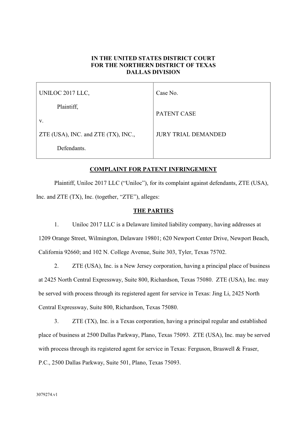 In the United States District Court for the Northern District of Texas Dallas Division