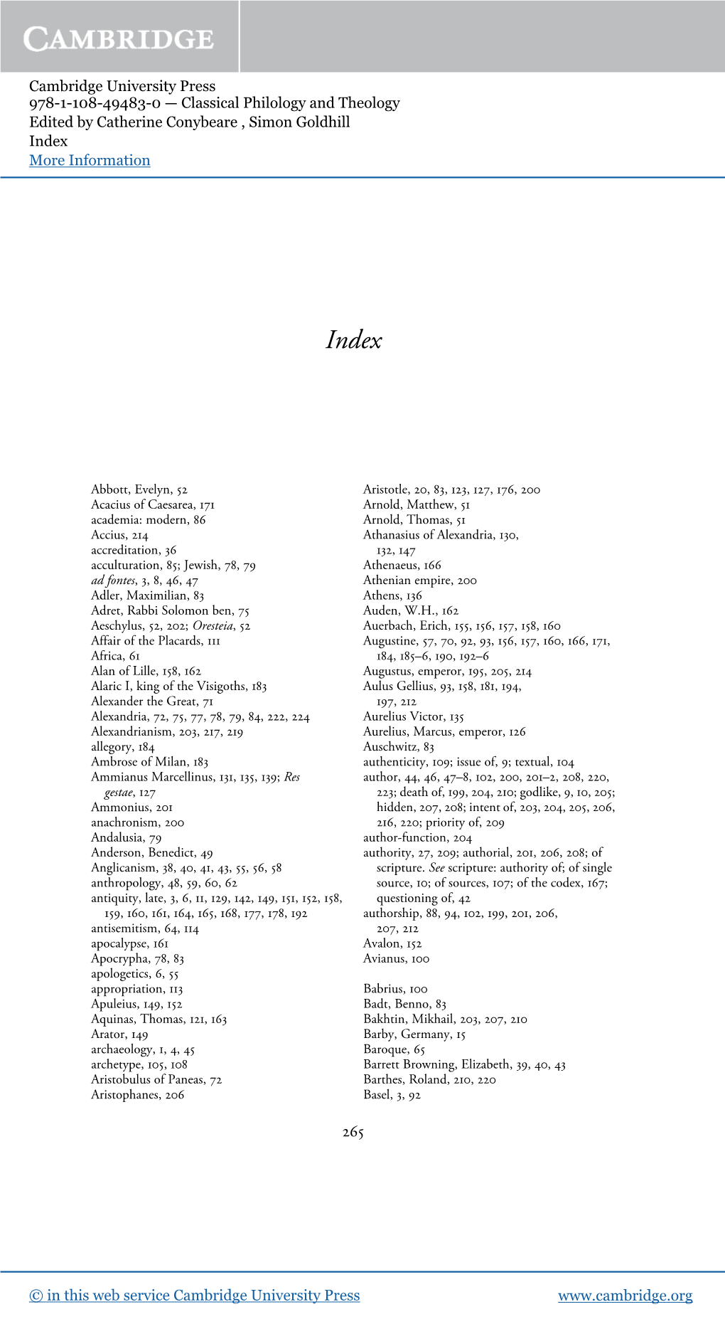 Cambridge University Press 978-1-108-49483-0 — Classical Philology and Theology Edited by Catherine Conybeare , Simon Goldhill Index More Information