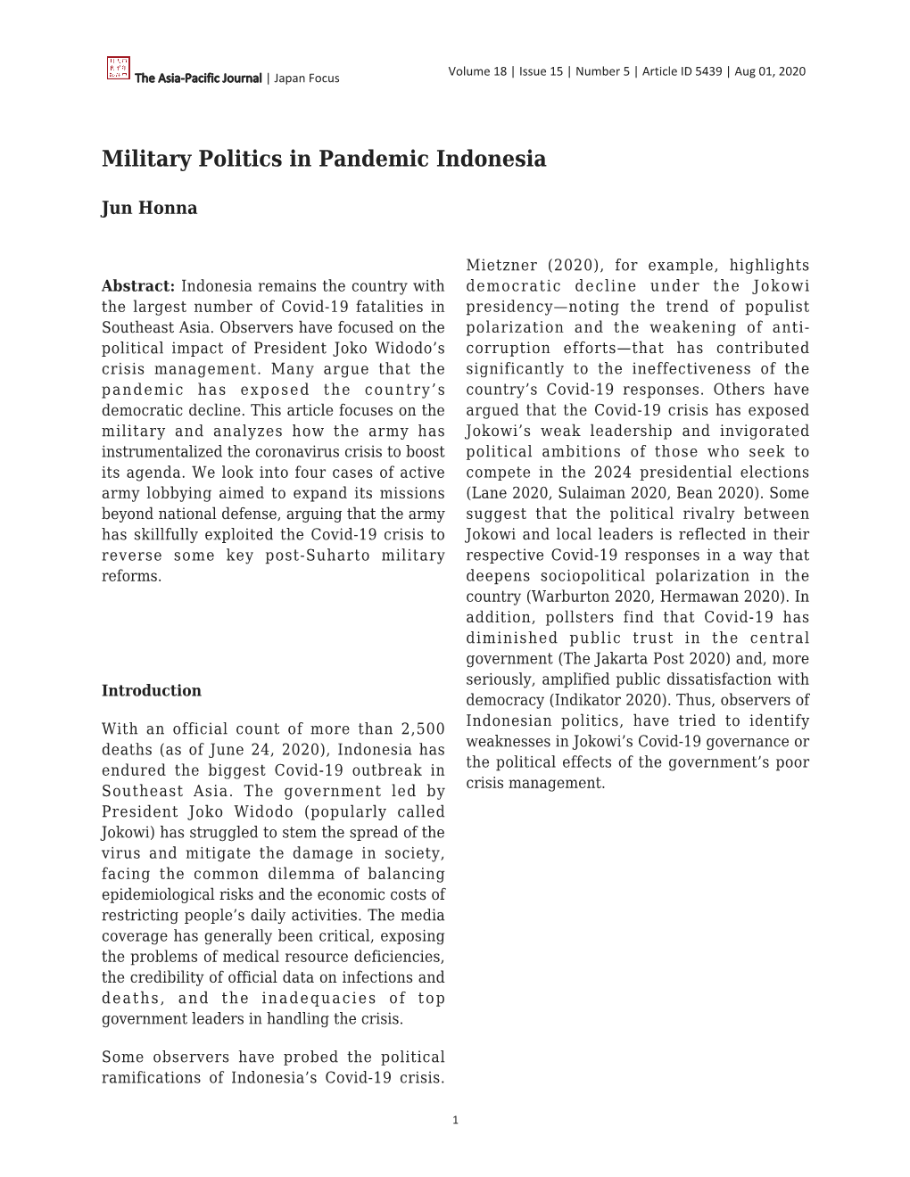 Military Politics in Pandemic Indonesia