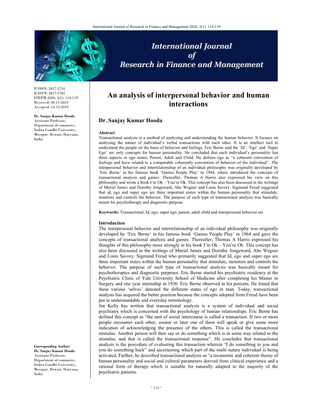 An Analysis of Interpersonal Behavior and Human Interactions