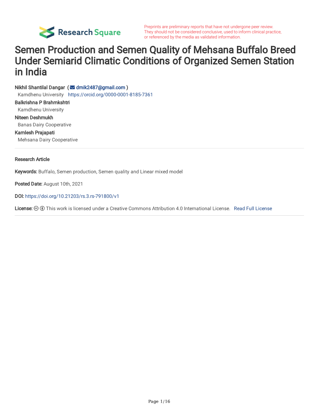 Semen Production and Semen Quality of Mehsana Buffalo Breed Under Semiarid Climatic Conditions of Organized Semen Station in India