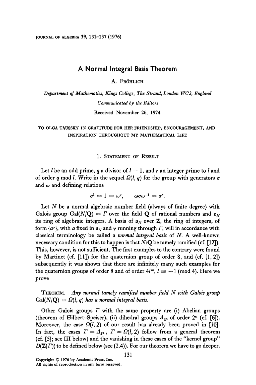 A Normal Integral Basis Theorem