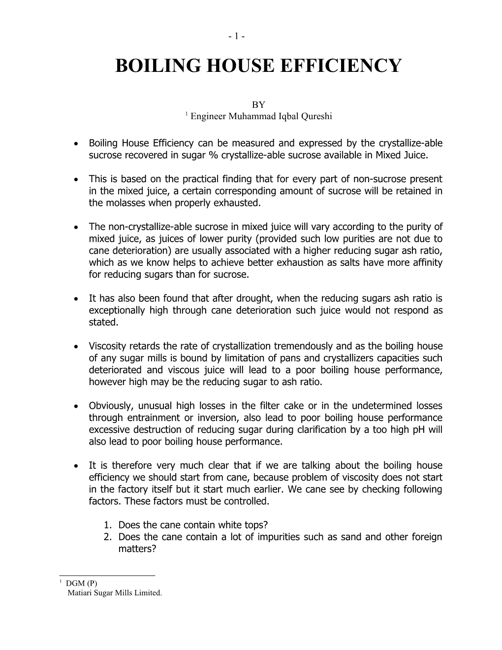 Boiling House Efficiency 1