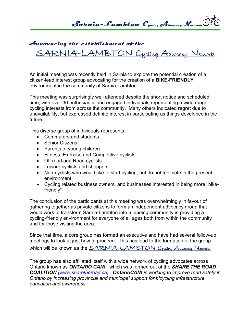 Sarnia-Lambton Cycling Advocacy Network