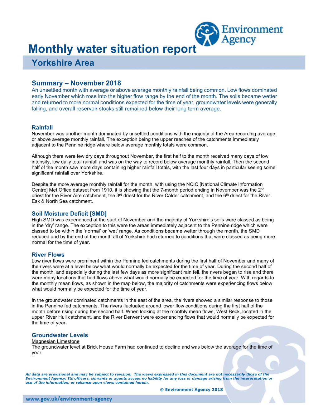 Monthly Water Situation Report Yorkshire Area