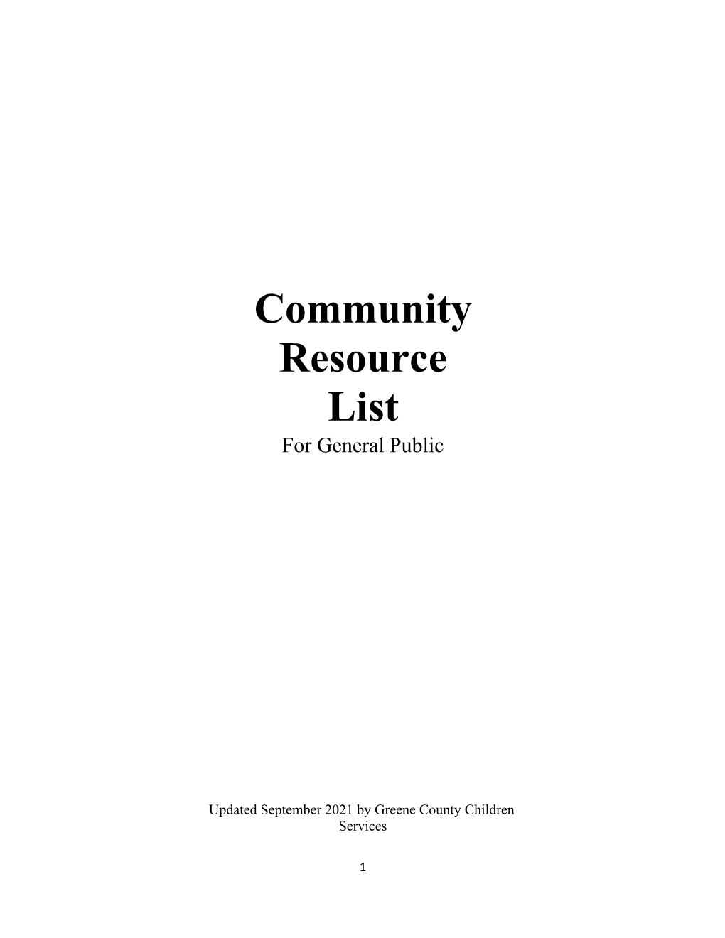 Community Resource List for General Public