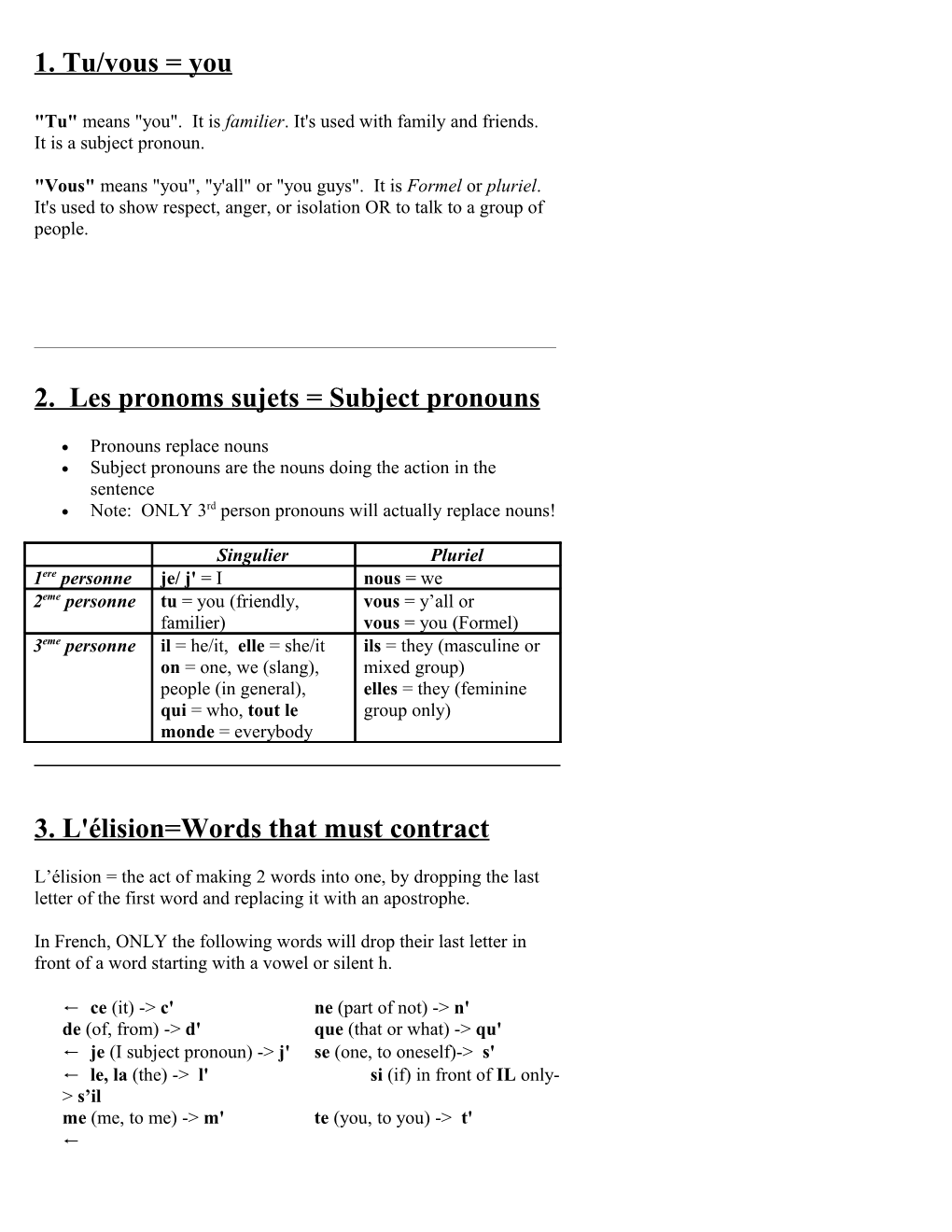 2. Les Pronoms Sujets = Subject Pronouns