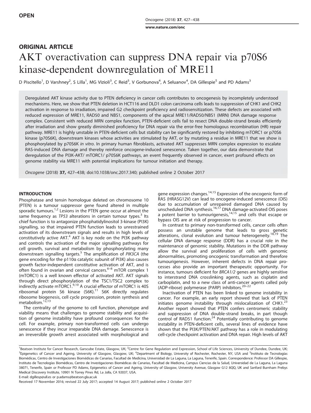 AKT Overactivation Can Suppress DNA Repair Via P70s6 Kinase-Dependent Downregulation of MRE11