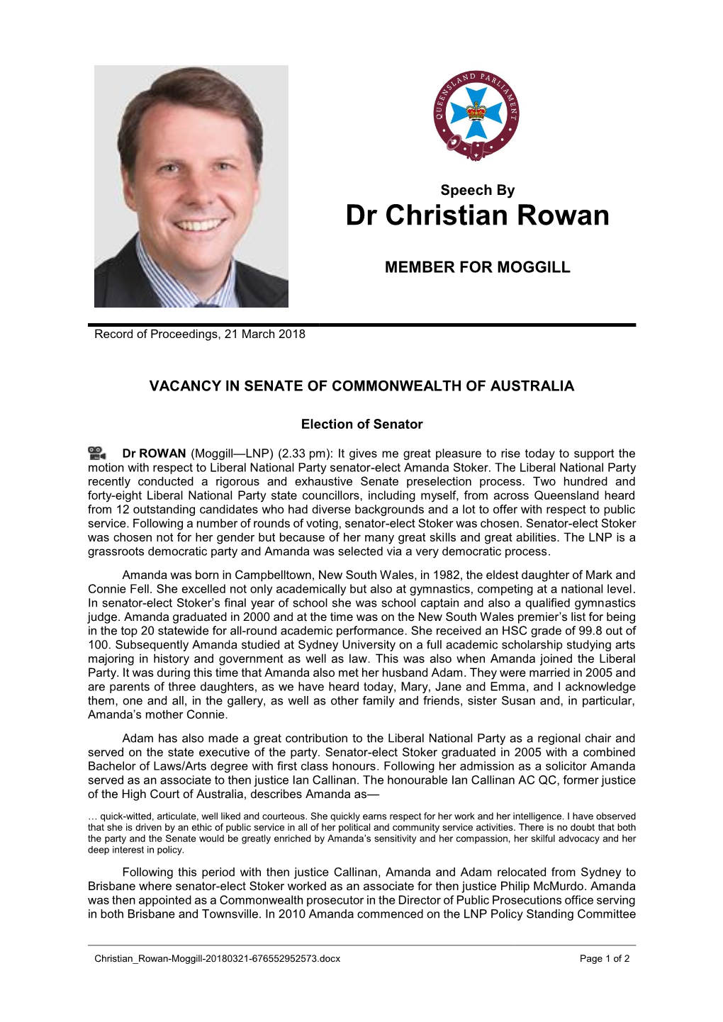 Vacancy in Senate of Commonwealth of Australia