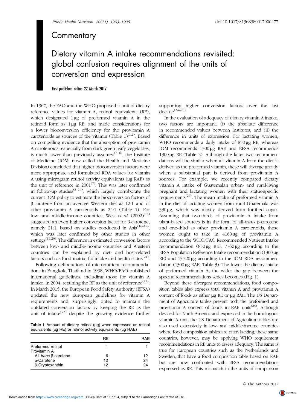 Commentary Dietary Vitamin a Intake Recommendations Revisited: Global Confusion Requires Alignment of the Units of Conversion An